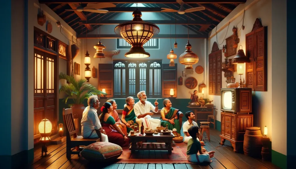A cozy evening scene inside a traditional Kerala home, showcasing the cultural essence of Malayalam cinema through a family's movie-watching experience.