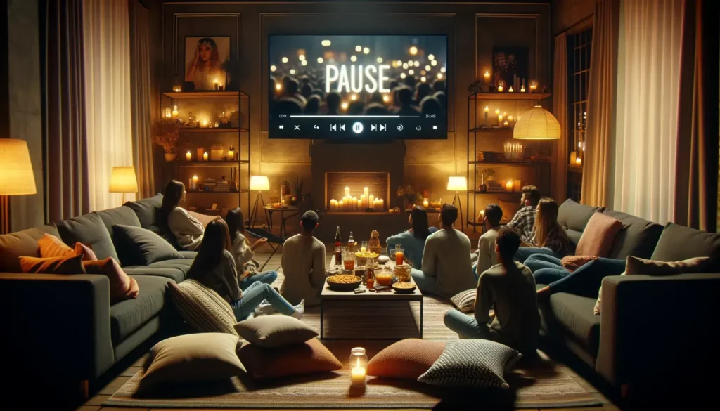 A cozy indoor movie night scene with a group of friends gathered around a large TV, highlighting the communal joy of sharing a movie.