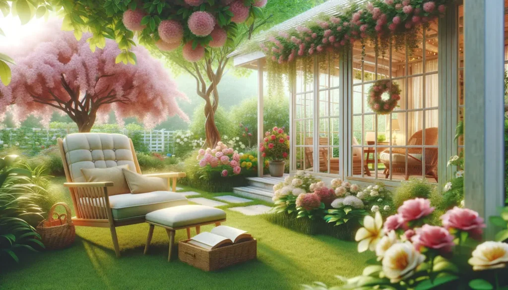 A peaceful garden scene with a comfortable reading nook, illustrating the concept of relaxation and taking time for oneself.