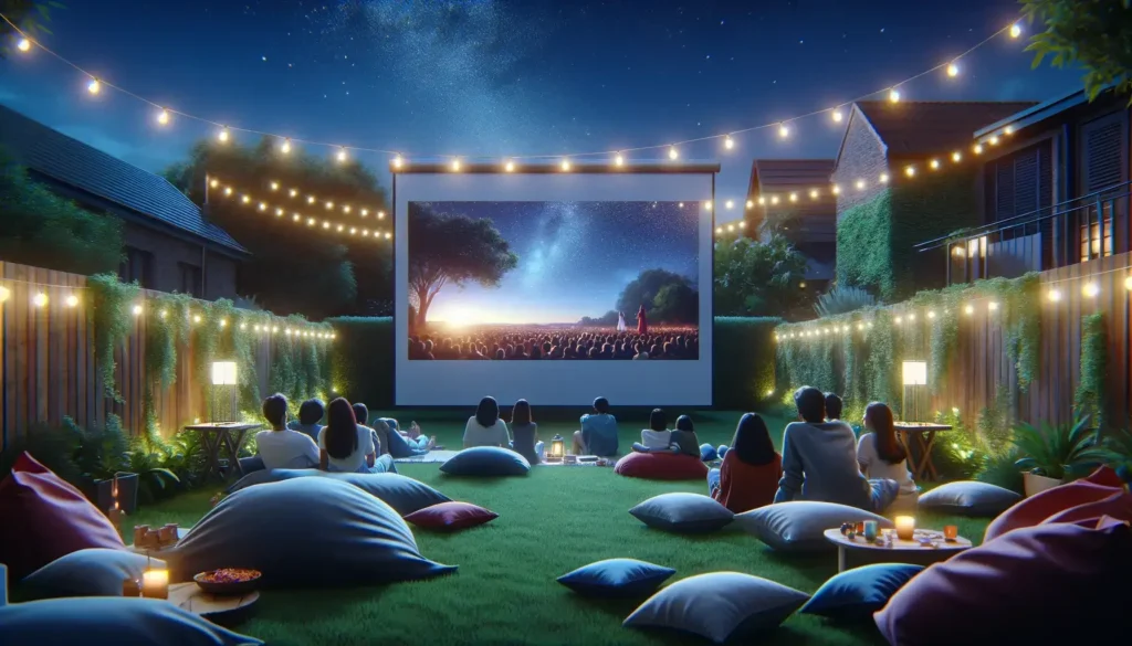 A serene evening scene at a small outdoor home cinema setup in a backyard, depicting a communal and intimate movie night under the stars.