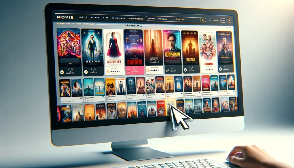 An elegant and modern interface of a movie streaming service on a desktop computer screen, showcasing a user-friendly design with a grid of colorful movie posters.