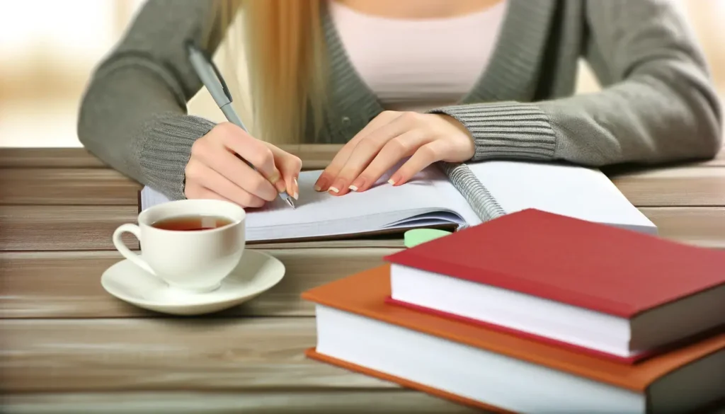 Close-up of a student's hands making notes, surrounded by textbooks and a cup of tea, representing focused study and the pursuit of improvement.
