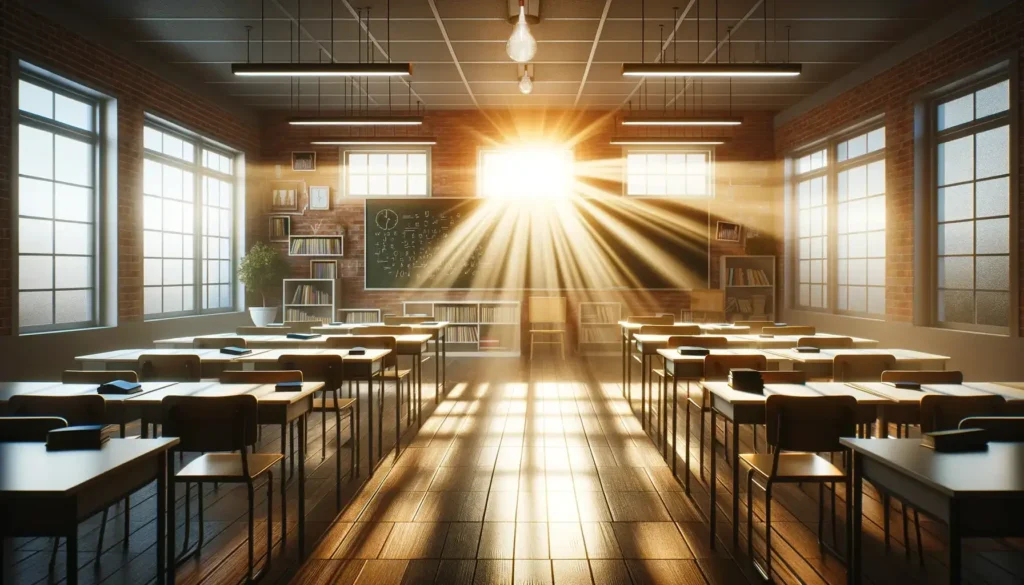 Empty classroom with sun rays shining through, symbolizing new beginnings and hope.