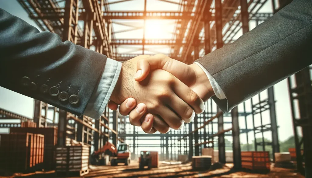 Handshake on construction site, symbolizing trust in the construction industry.