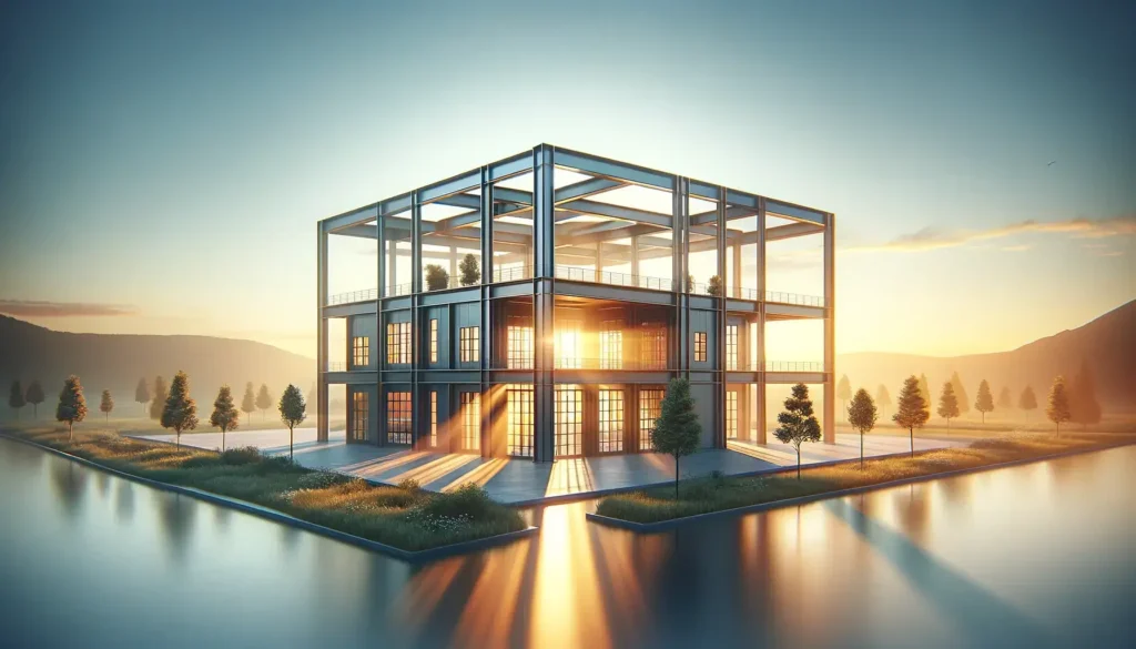 Modern steel building at sunrise, representing industry quality and innovation.
